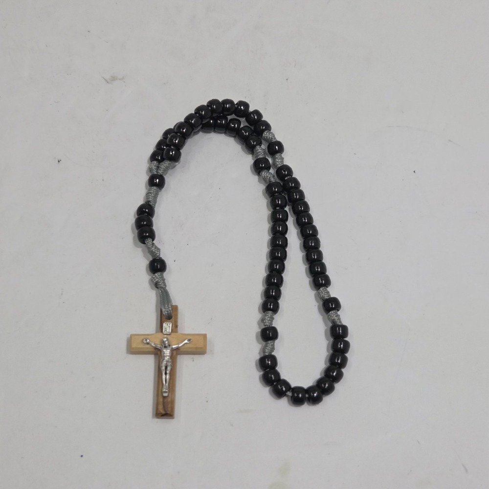 JERUSALEM OLIVE WOOD CRUCIFIX ROSARY BLACK BEADS CORD CATHOLIC PRAYER...